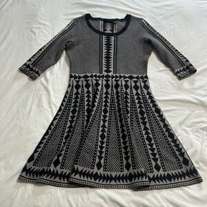 Nina Leonard Womens Black Tan Geometric Jacquard‎ Fit Flare Sweater Dress Large